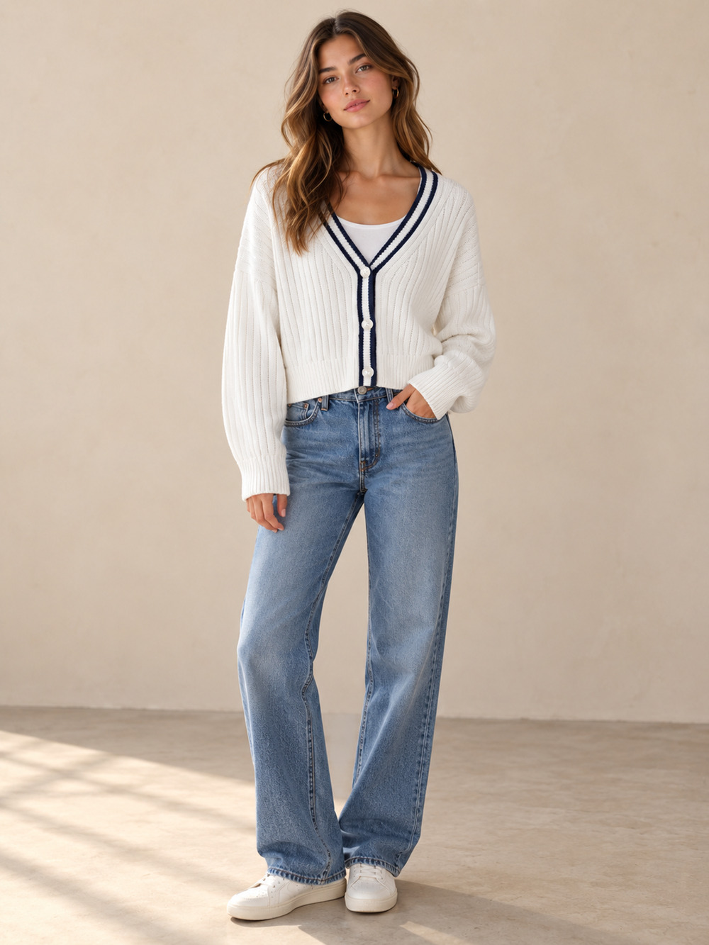 Abercrombie & Fitch White Chunk Knit Cropped Varsity Cardigan Sweater - S